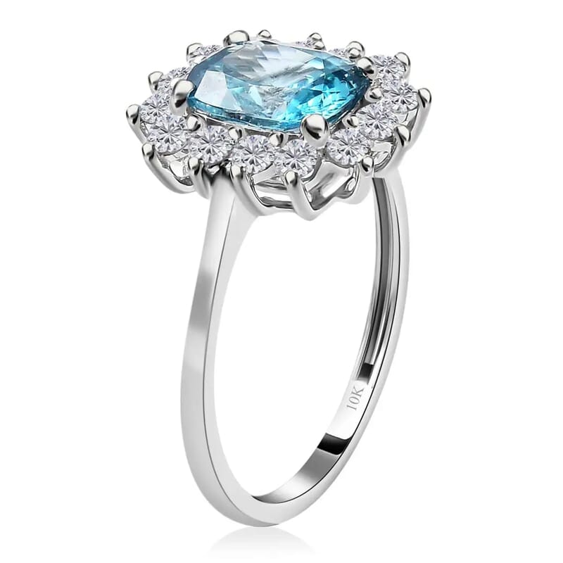 Luxoro AAA Ratanakiri Blue Zircon Ring, Moissanite Accent Ring, Blue Zircon Sunburst Ring, 10K White Gold Ring, Wedding Ring, Gold Gifts 4.25 ctw (Size 10.0)