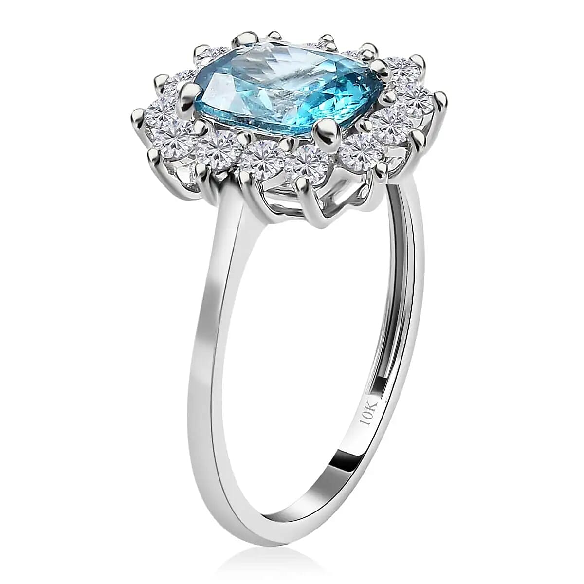 Luxoro AAA Ratanakiri Blue Zircon Ring, Moissanite Accent Ring, Blue Zircon Sunburst Ring, 10K White Gold Ring, Wedding Ring, Gold Gifts 4.25 ctw (Size 7.0) image number 3