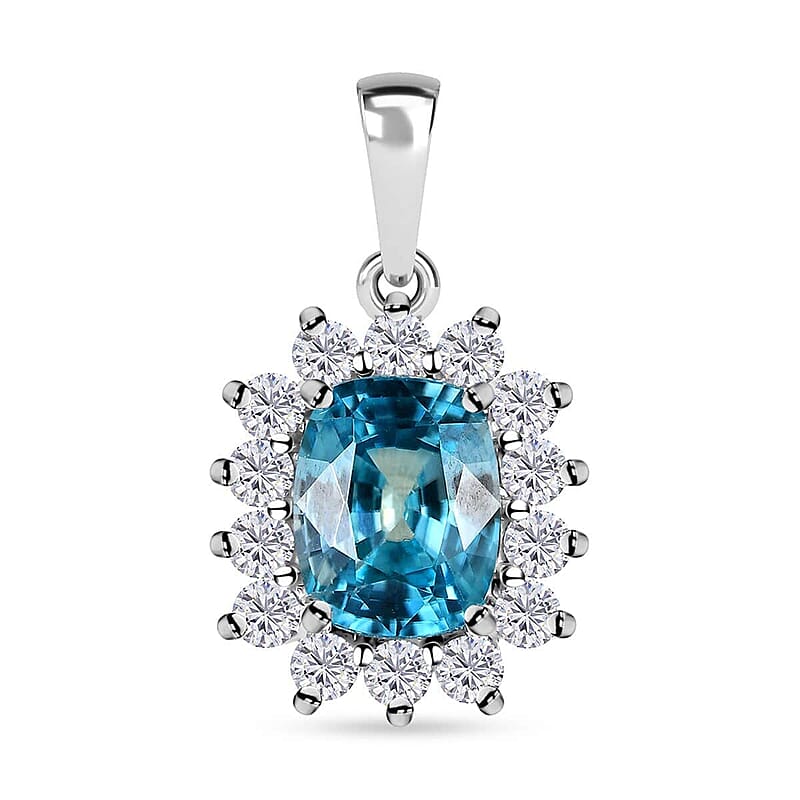 Luxoro 10K White Gold AAA Ratanakiri Blue Zircon and Moissanite Sunburst Pendant 4.25 ctw