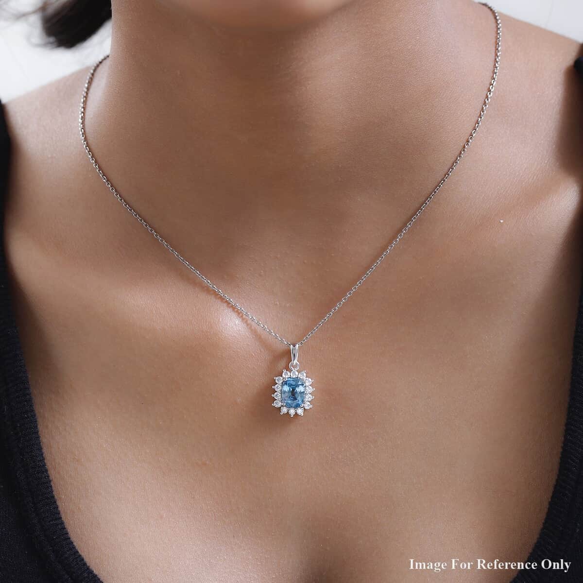 Luxoro 10K White Gold AAA Ratanakiri Blue Zircon and Moissanite Sunburst Pendant 4.25 ctw image number 2