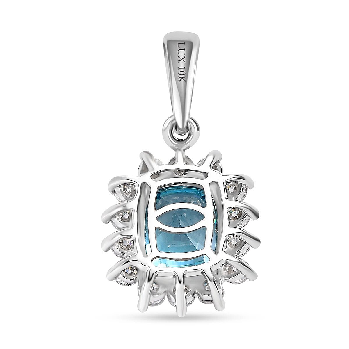 Luxoro 10K White Gold AAA Ratanakiri Blue Zircon and Moissanite Sunburst Pendant 4.25 ctw