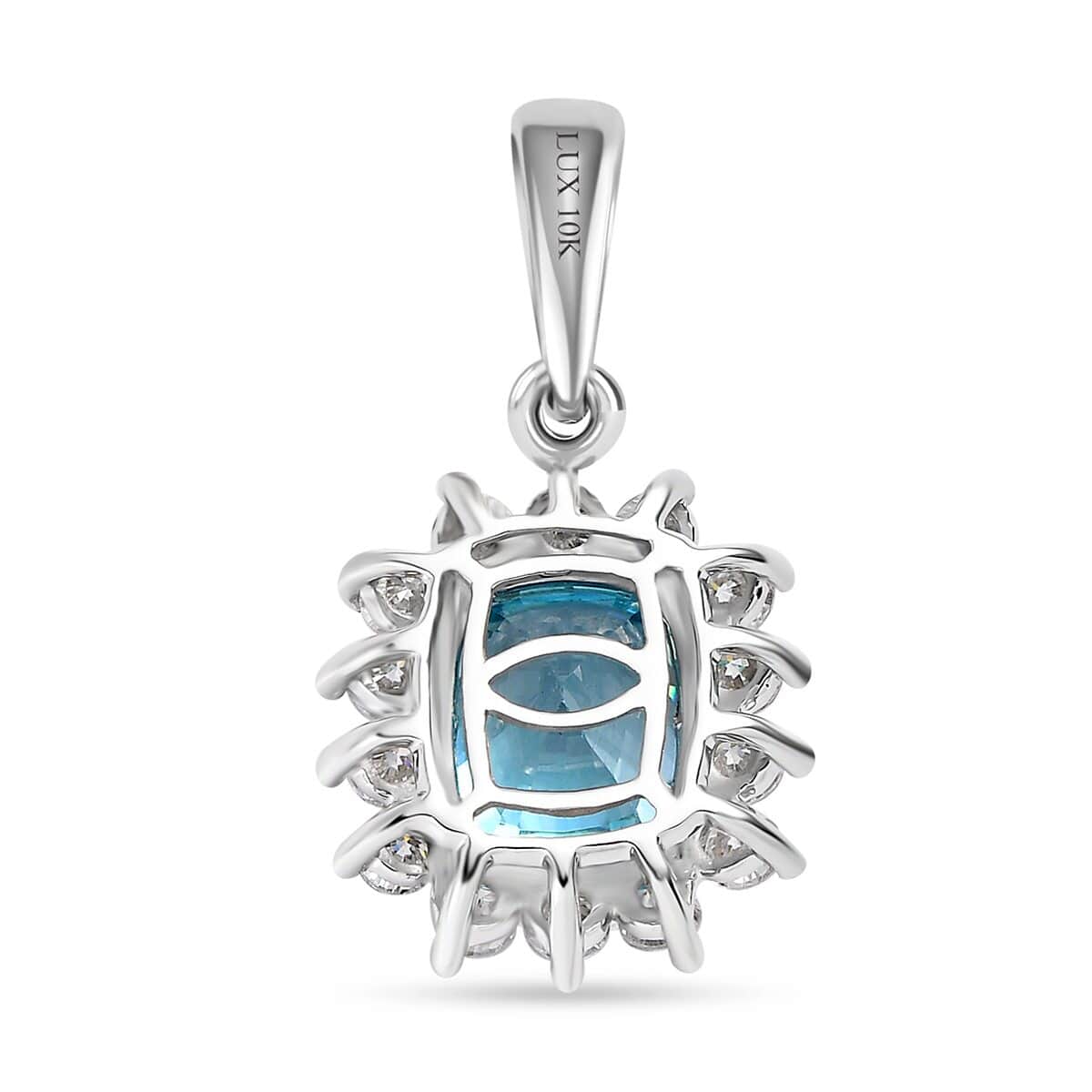 Luxoro 10K White Gold AAA Ratanakiri Blue Zircon and Moissanite Sunburst Pendant 4.25 ctw image number 4