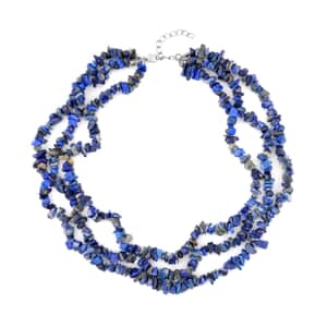 Lapis Lazuli Chips 3 Row Necklace 18-20 Inches in Silvertone 350.00 ctw