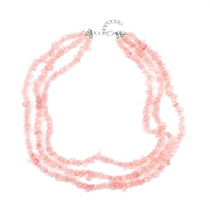 Galilea Rose Quartz Chips 3 Row Necklace 18-20 Inches in Silvertone 350.00 ctw