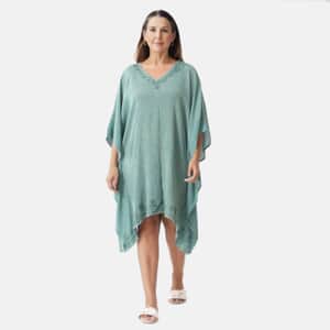 Tamsy Green Neck and Bottom Embroidery Kaftan - One Size Fits Most
