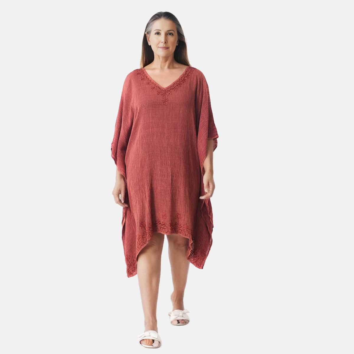 Tamsy Red Neck and Bottom Embroidery Kaftan - One Size Fits Most image number 0