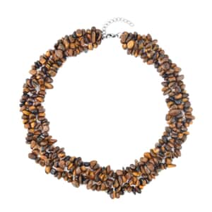 Tigers Eye Chips Necklace (18-20 Inches) in Stainless Steel 650.00 ctw , Tarnish-Free, Waterproof, Sweat Proof Jewelry