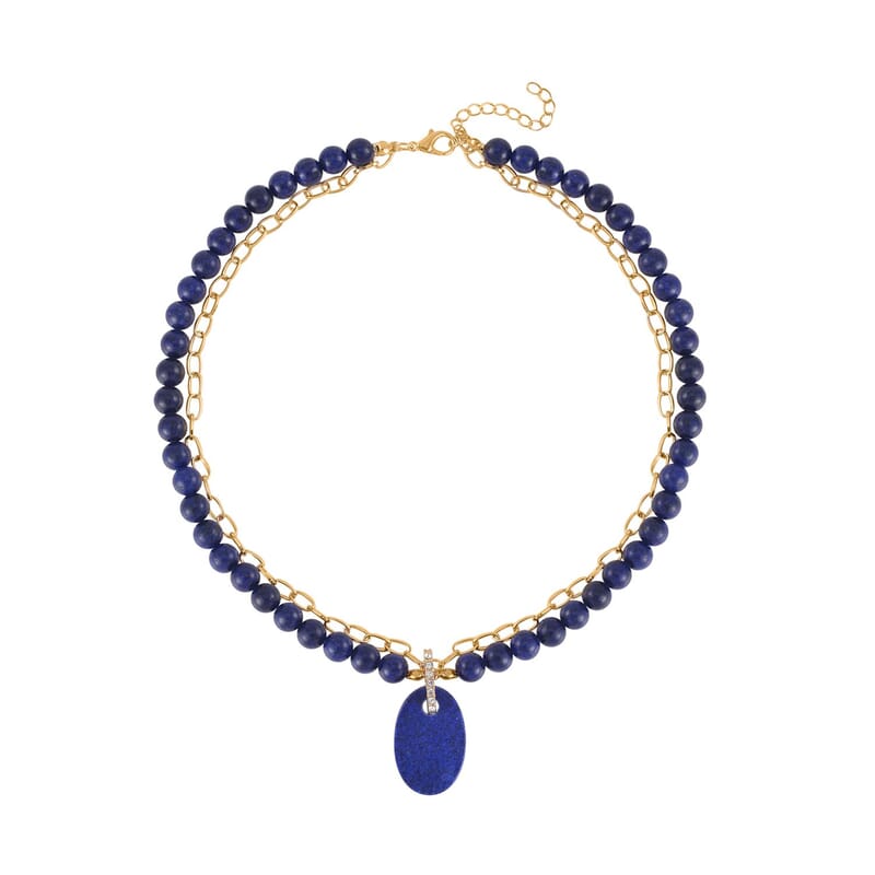 Lapis Lazuli and Austrian Crystal Pendant with Beaded Necklace 18-20 Inches in Goldtone 286.00 ctw