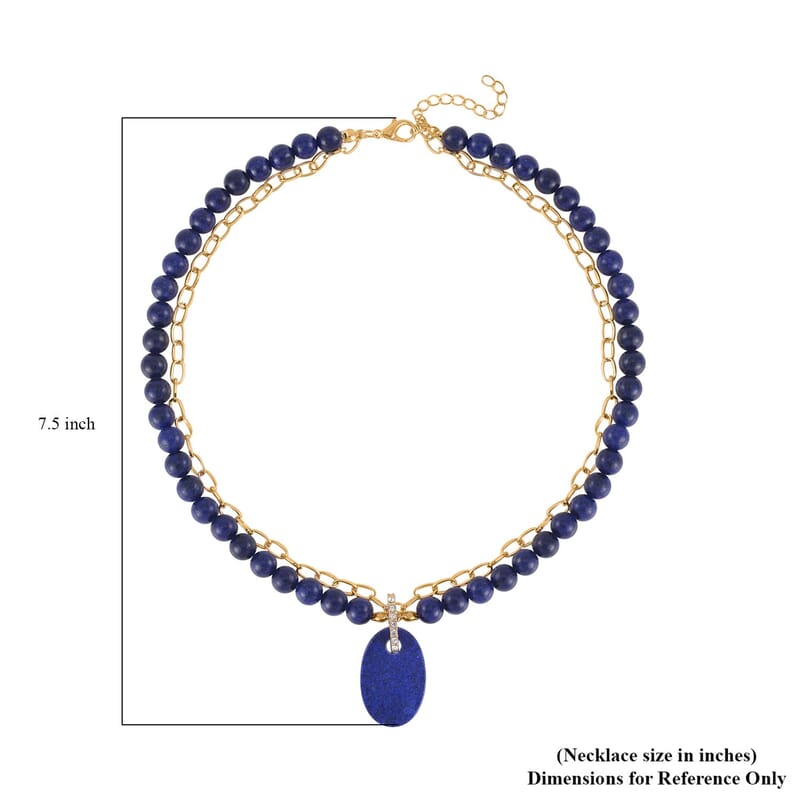 Lapis Lazuli and Austrian Crystal Pendant with Beaded Necklace 18-20 Inches in Goldtone 286.00 ctw