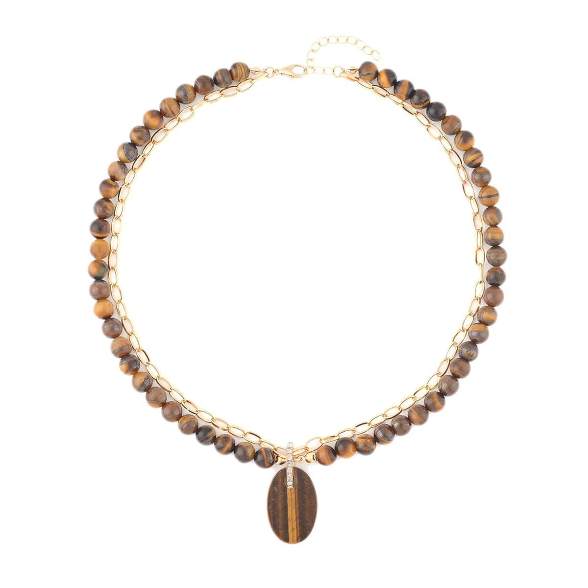 Tigers Eye and Austrian Crystal Pendant with Beaded Necklace 18-20 Inches in Goldtone 286.00 ctw image number 0