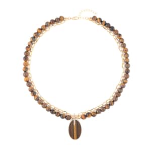 Tigers Eye and Austrian Crystal Pendant with Beaded Necklace 18-20 Inches in Goldtone 286.00 ctw