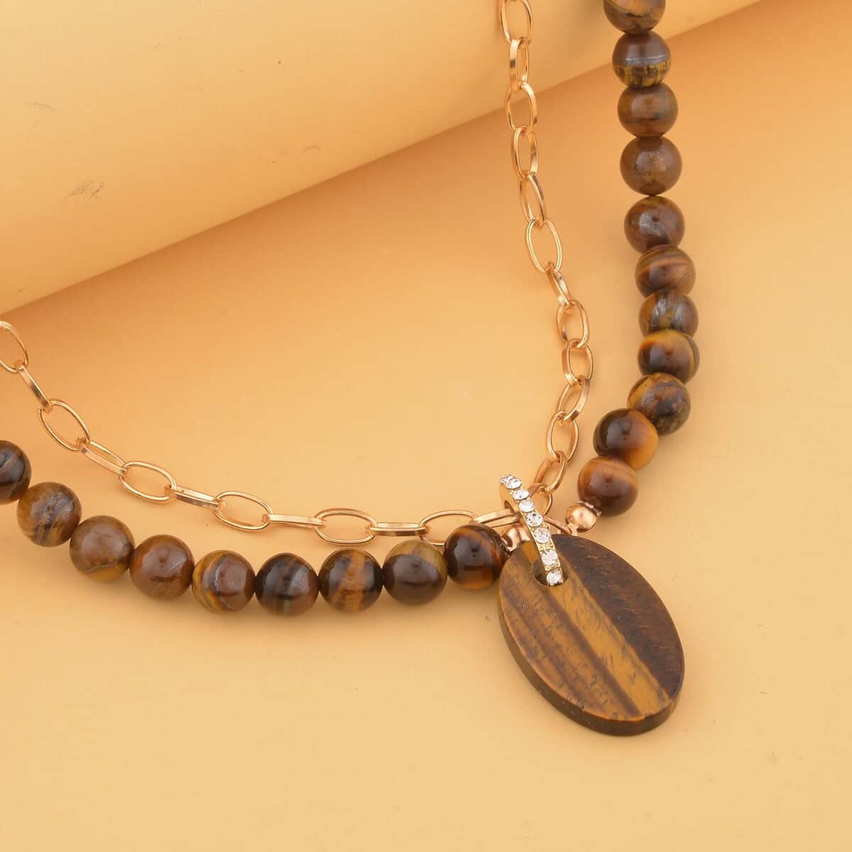 Tigers Eye and Austrian Crystal Pendant with Beaded Necklace 18-20 Inches in Goldtone 286.00 ctw image number 1