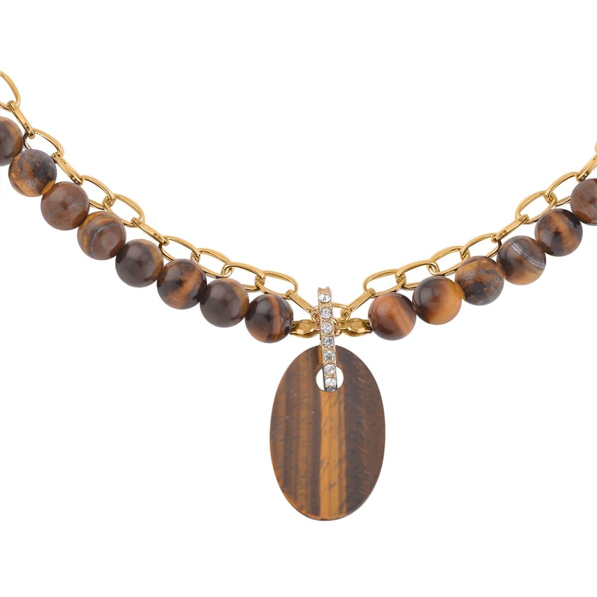 Tigers Eye and Austrian Crystal Pendant with Beaded Necklace 18-20 Inches in Goldtone 286.00 ctw image number 2