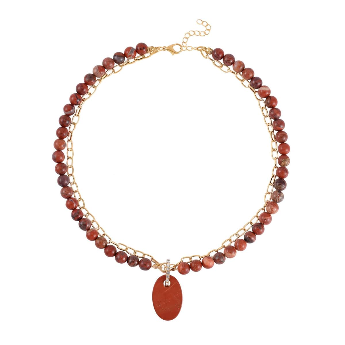 Red Jasper and Austrian Crystal Pendant with Beaded Necklace (18-20 Inches) in Goldtone 286.00 ctw image number 0