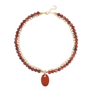 Red Jasper and Austrian Crystal Pendant with Beaded Necklace (18-20 Inches) in Goldtone 286.00 ctw