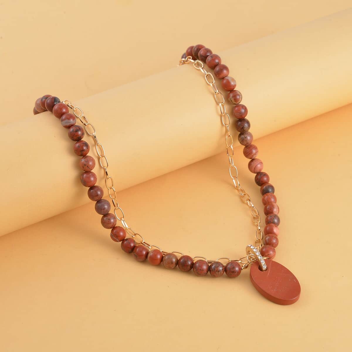 Red Jasper and Austrian Crystal Pendant with Beaded Necklace (18-20 Inches) in Goldtone 286.00 ctw image number 1