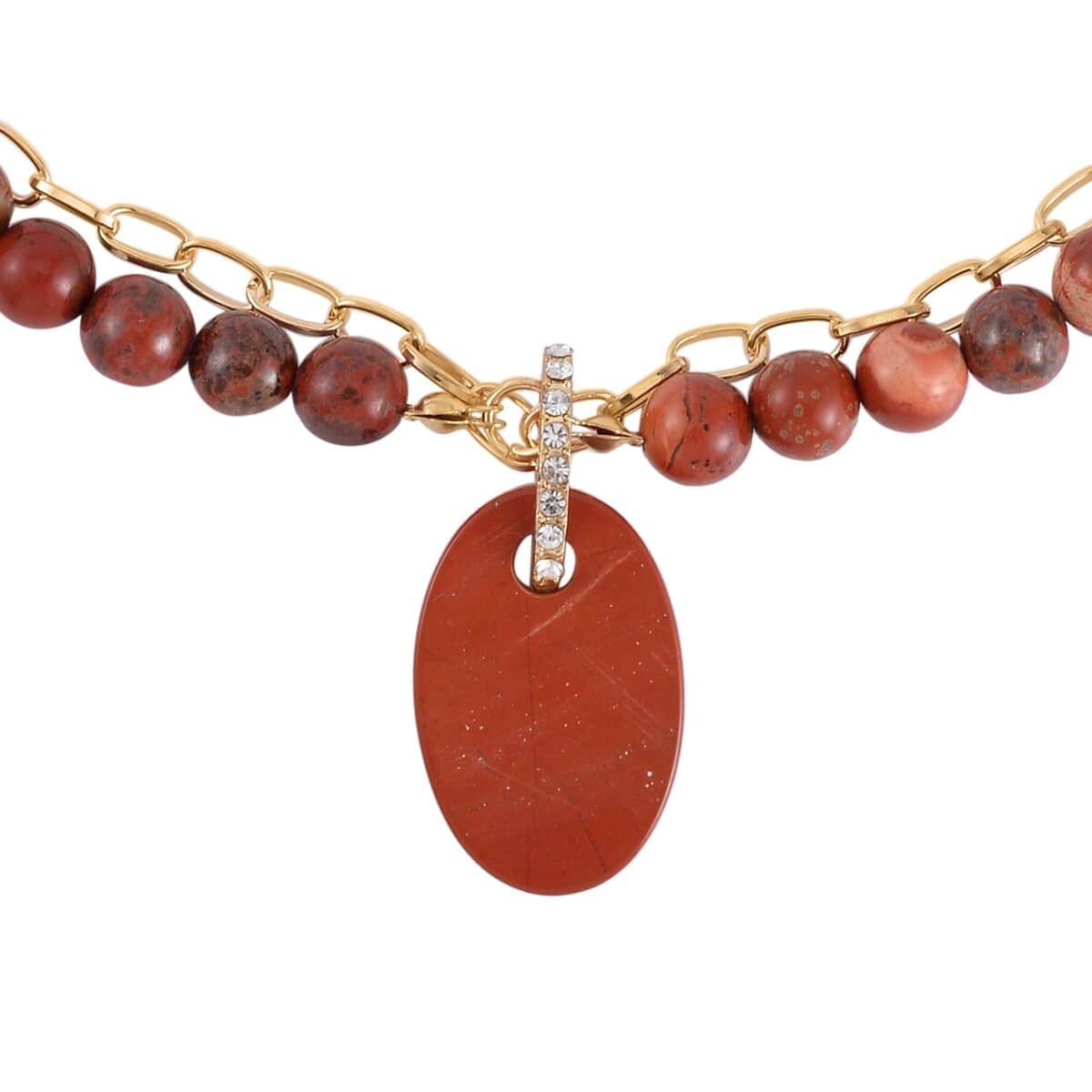 Red Jasper and Austrian Crystal Pendant with Beaded Necklace (18-20 Inches) in Goldtone 286.00 ctw image number 2