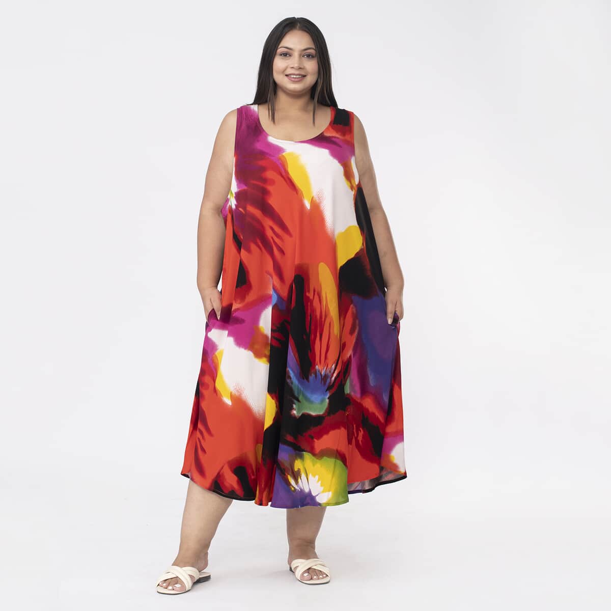 Tamsy Red with Multi Water Color Printed 100% Rayon Dress - One Size Missy image number 0