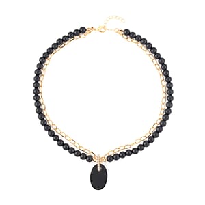 Black Obsidian and Austrian Crystal Pendant with Beaded Necklace 18-20 Inches in Goldtone 286.00 ctw