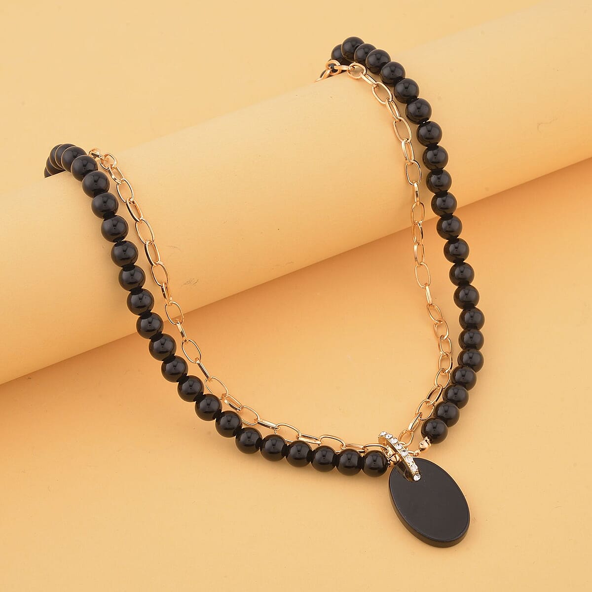 Black Obsidian and Austrian Crystal Pendant with Beaded Necklace 18-20 Inches in Goldtone 286.00 ctw image number 1