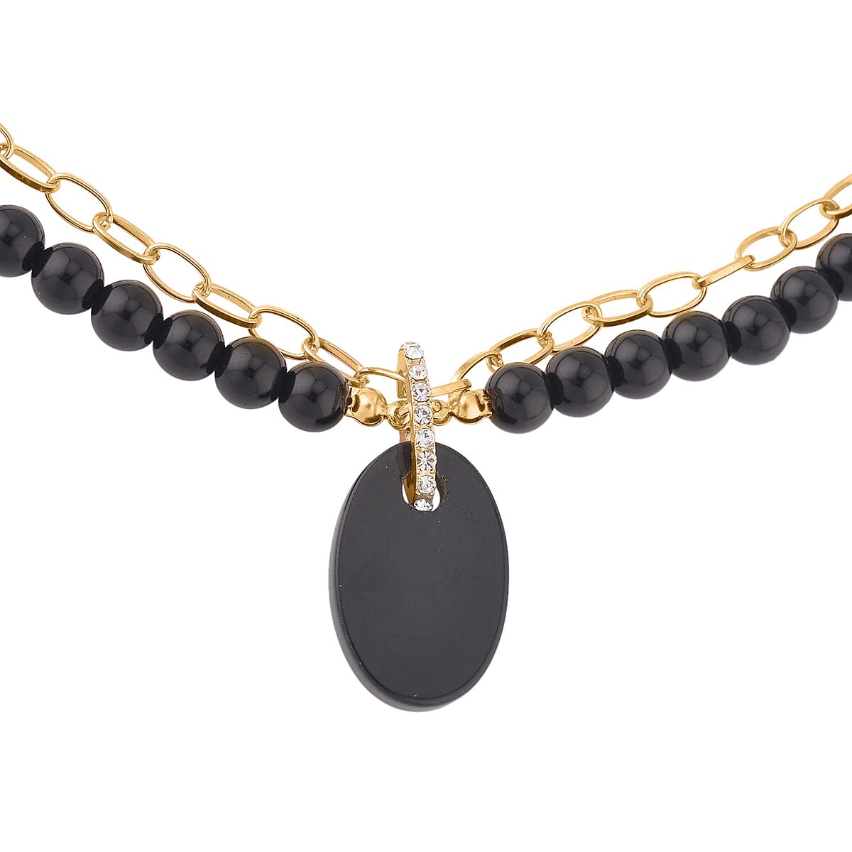 Black Obsidian and Austrian Crystal Pendant with Beaded Necklace 18-20 Inches in Goldtone 286.00 ctw image number 2