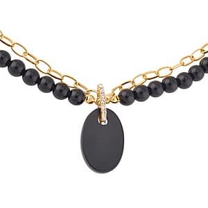 Black Obsidian and Austrian Crystal Pendant with Beaded Necklace 18-20 Inches in Goldtone 286.00 ctw