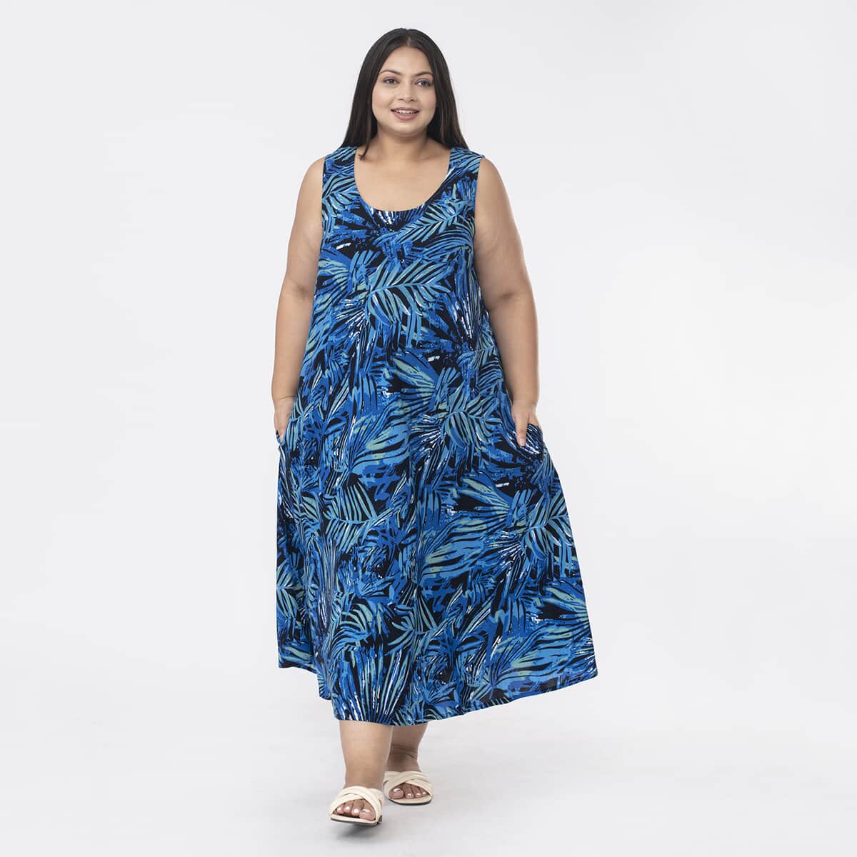 Tamsy Black and Blue Palm Printed Dress - One Size Plus image number 0