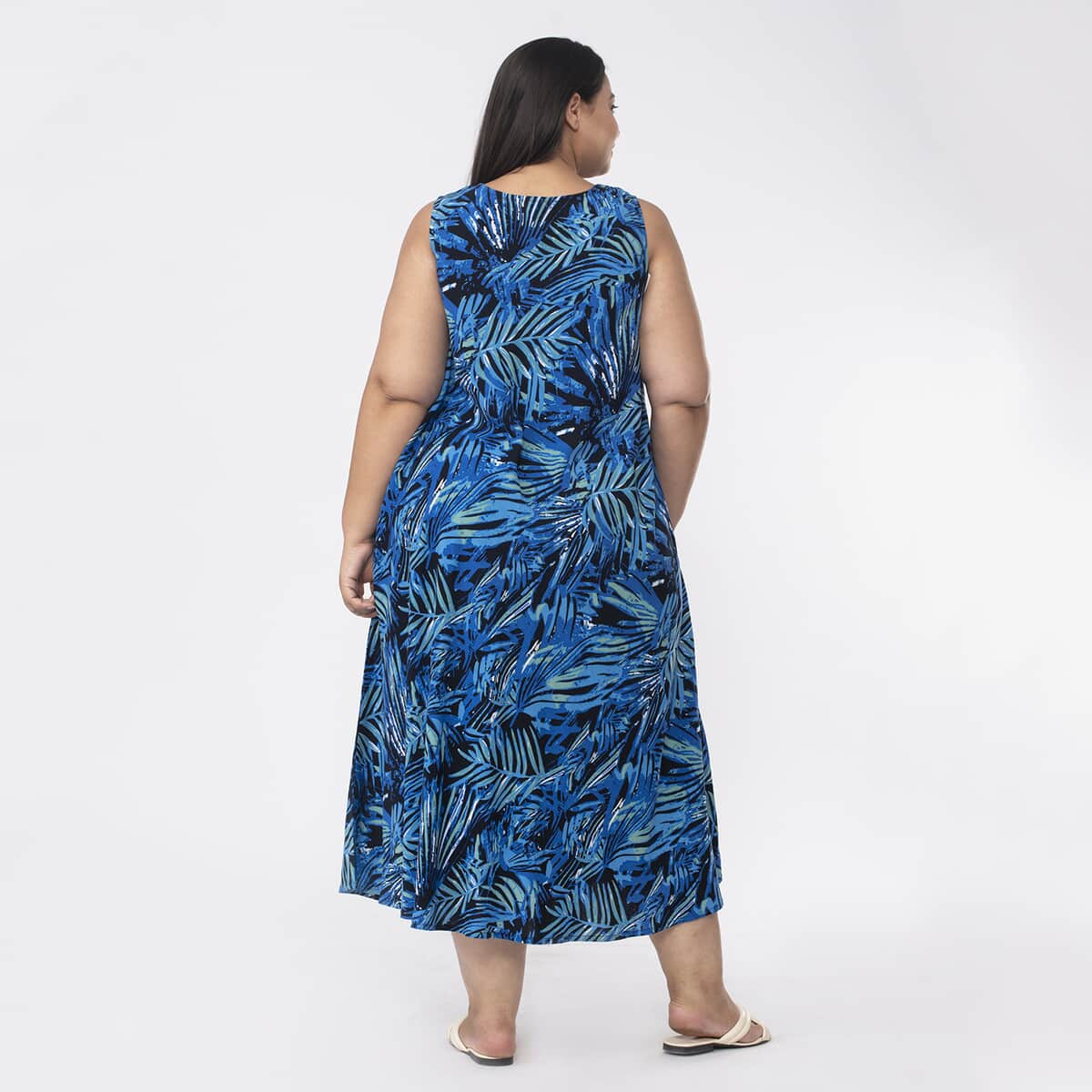 Tamsy Black and Blue Palm Printed Dress - One Size Plus image number 1