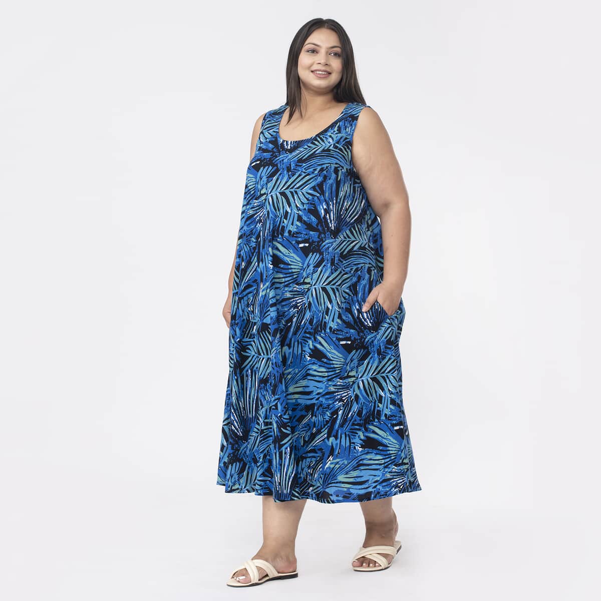 Tamsy Black and Blue Palm Printed Dress - One Size Plus image number 3