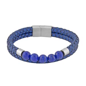 Lapis Lazuli Faux Leather Cord 2 Row Men's Bracelet in Stainless Steel (8.50 In) 3.00 ctw | Tarnish-Free, Waterproof, Sweat Proof Jewelry