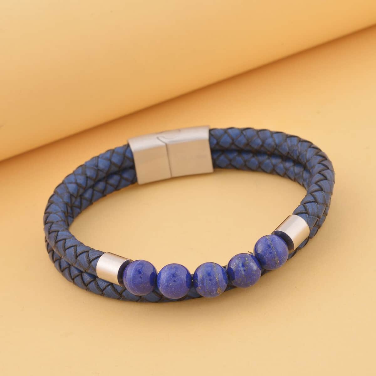 Lapis Lazuli Faux Leather Cord 2 Row Men's Bracelet in Stainless Steel (8.50 In) 3.00 ctw | Tarnish-Free, Waterproof, Sweat Proof Jewelry image number 1