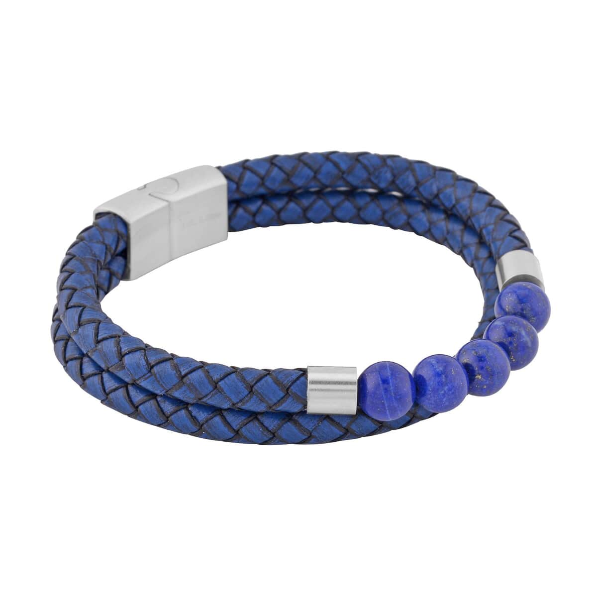 Lapis Lazuli Faux Leather Cord 2 Row Men's Bracelet in Stainless Steel (8.50 In) 3.00 ctw | Tarnish-Free, Waterproof, Sweat Proof Jewelry image number 2