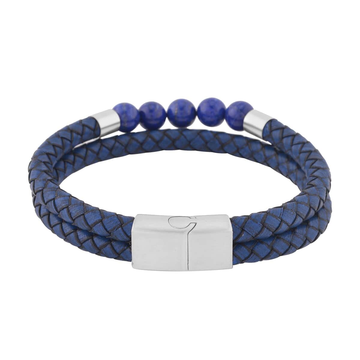 Lapis Lazuli Faux Leather Cord 2 Row Men's Bracelet in Stainless Steel (8.50 In) 3.00 ctw | Tarnish-Free, Waterproof, Sweat Proof Jewelry image number 3