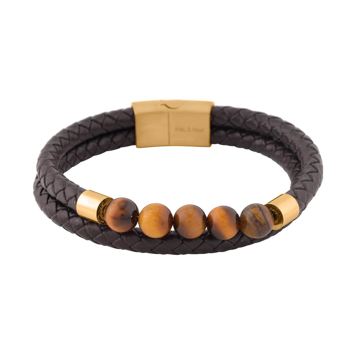 Tiger's Eye Faux Leather Cord 2 Row Men's Bracelet in ION Plated YG Stainless Steel (8.50 In) 3.00 ctw , Tarnish-Free, Waterproof, Sweat Proof Jewelry image number 0