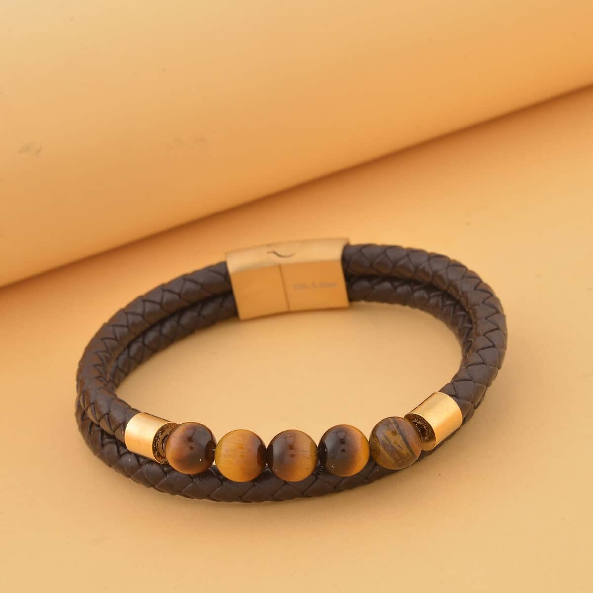 Tiger's Eye Faux Leather Cord 2 Row Men's Bracelet in ION Plated YG Stainless Steel (8.50 In) 3.00 ctw , Tarnish-Free, Waterproof, Sweat Proof Jewelry image number 1