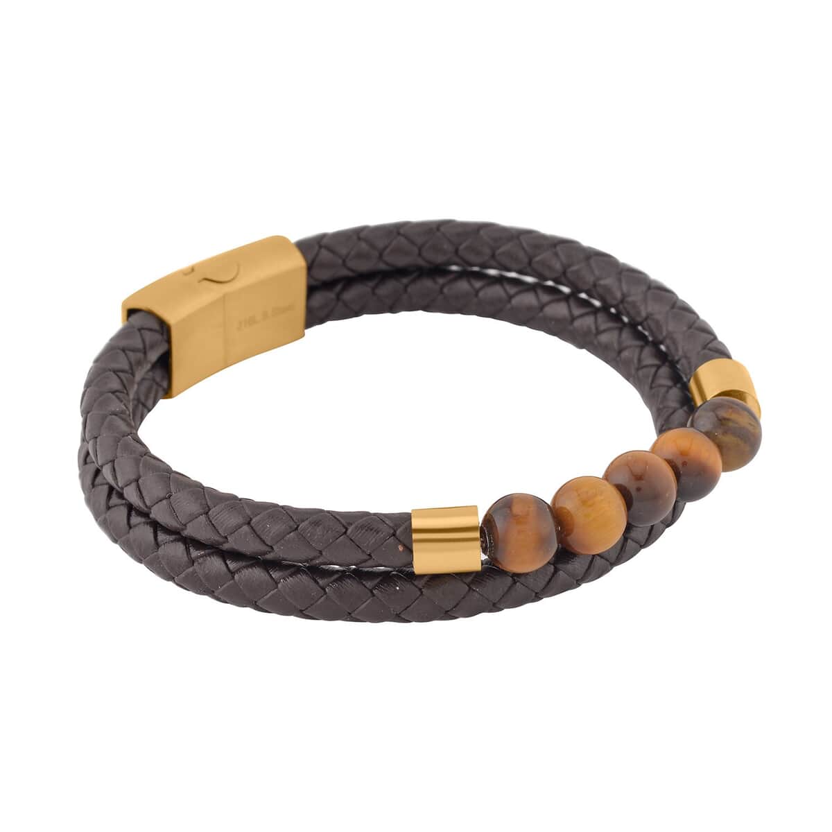 Tiger's Eye Faux Leather Cord 2 Row Men's Bracelet in ION Plated YG Stainless Steel (8.50 In) 3.00 ctw , Tarnish-Free, Waterproof, Sweat Proof Jewelry image number 2