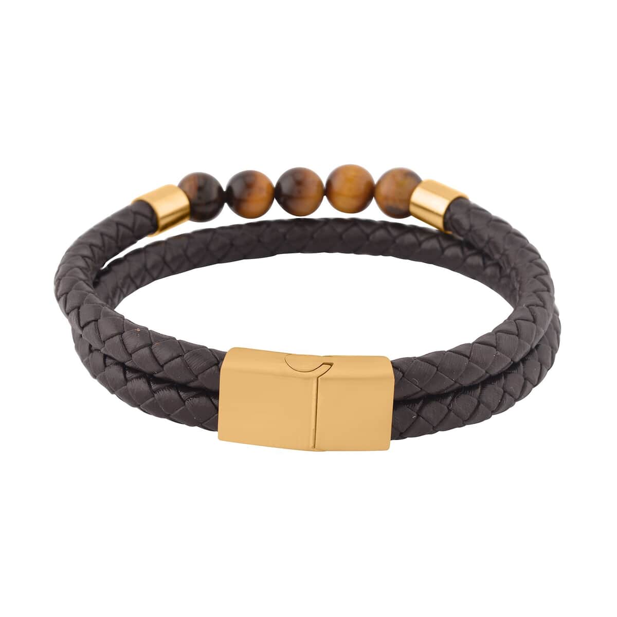 Tiger's Eye Faux Leather Cord 2 Row Men's Bracelet in ION Plated YG Stainless Steel (8.50 In) 3.00 ctw , Tarnish-Free, Waterproof, Sweat Proof Jewelry image number 3