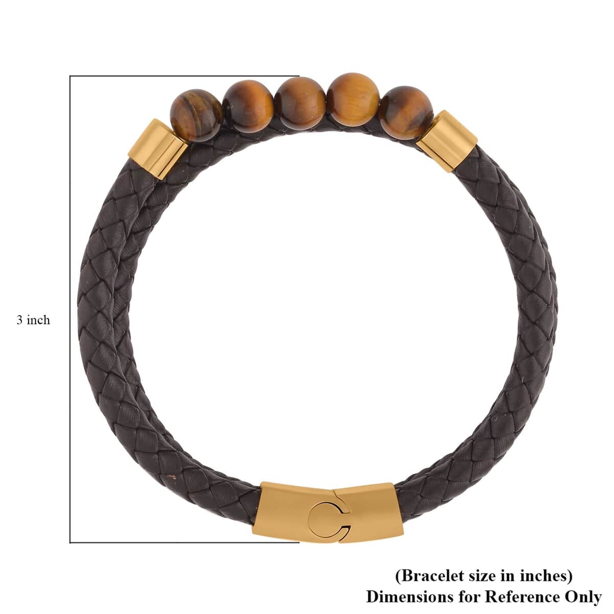 Tiger's Eye Faux Leather Cord 2 Row Men's Bracelet in ION Plated YG Stainless Steel (8.50 In) 3.00 ctw , Tarnish-Free, Waterproof, Sweat Proof Jewelry image number 4