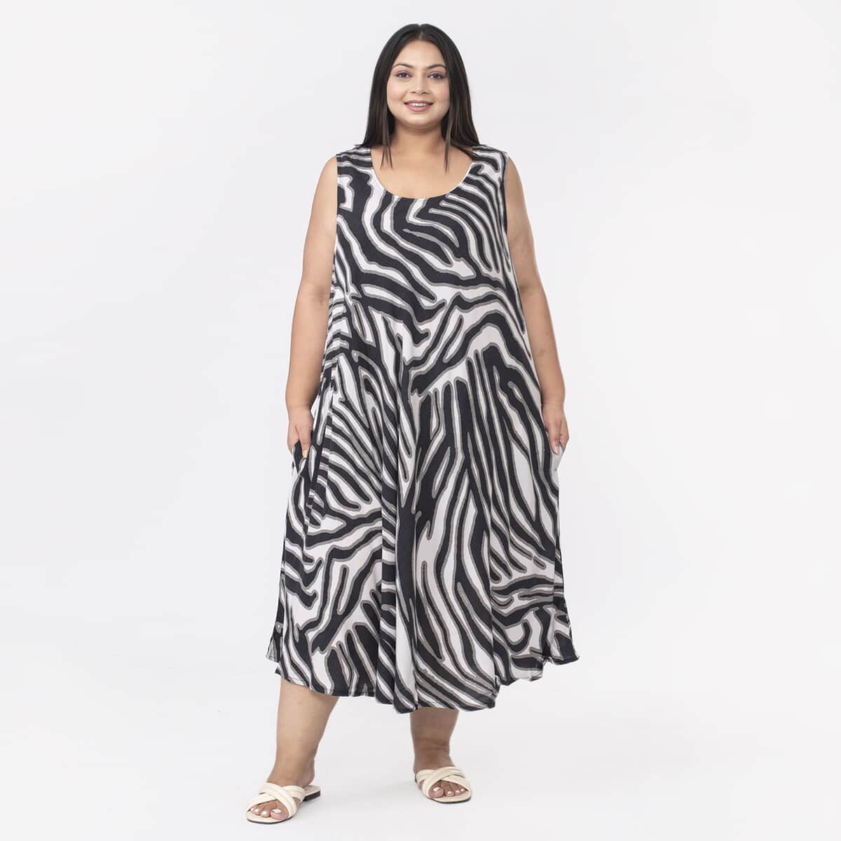 Tamsy Off White and Black Zebra Printed Dress - One Size Missy  image number 0