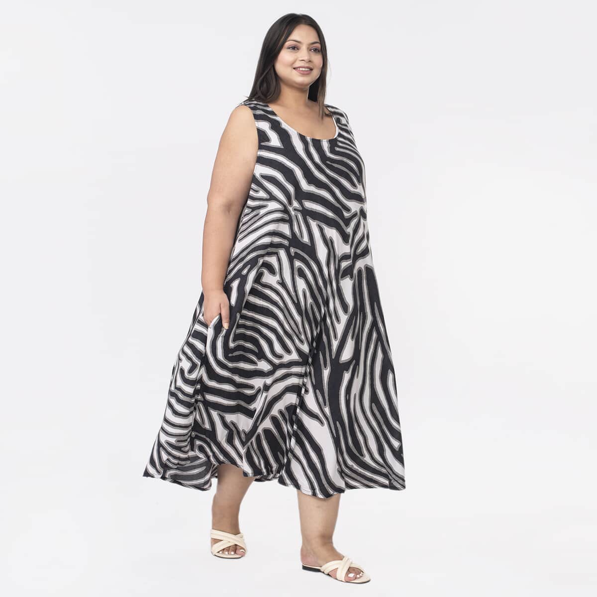 Tamsy Off White and Black Zebra Printed Dress - One Size Missy  image number 2