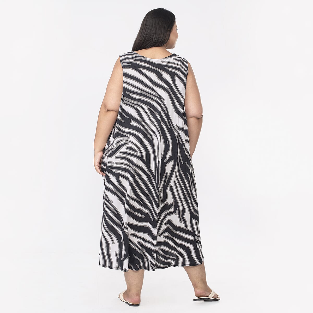 Tamsy Off White and Black Zebra Printed Dress - One Size Plus image number 1