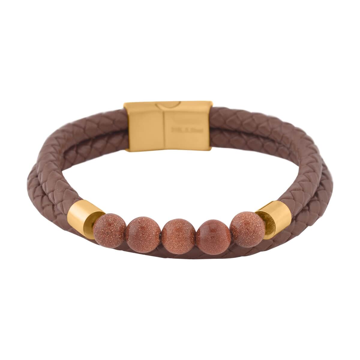 Gold Sandstone Faux Leather Cord 2 Row Men's Bracelet in ION Plated YG Stainless Steel (8.50 In) 3.00 ctw , Tarnish-Free, Waterproof, Sweat Proof Jewelry image number 0