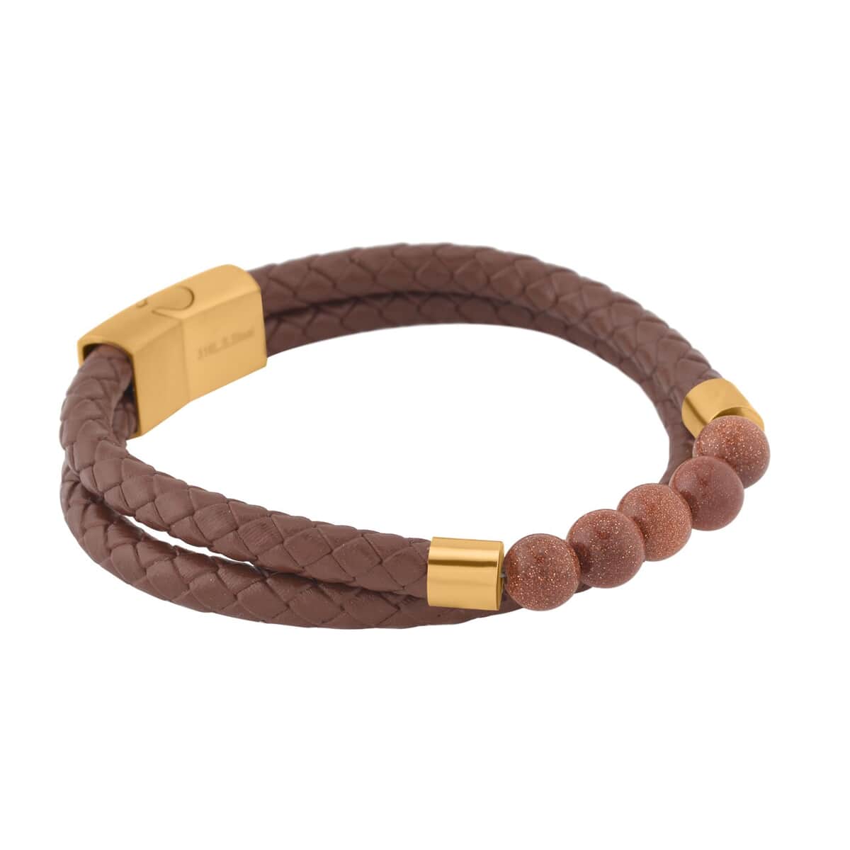 Gold Sandstone Faux Leather Cord 2 Row Men's Bracelet in ION Plated YG Stainless Steel (8.50 In) 3.00 ctw , Tarnish-Free, Waterproof, Sweat Proof Jewelry image number 2