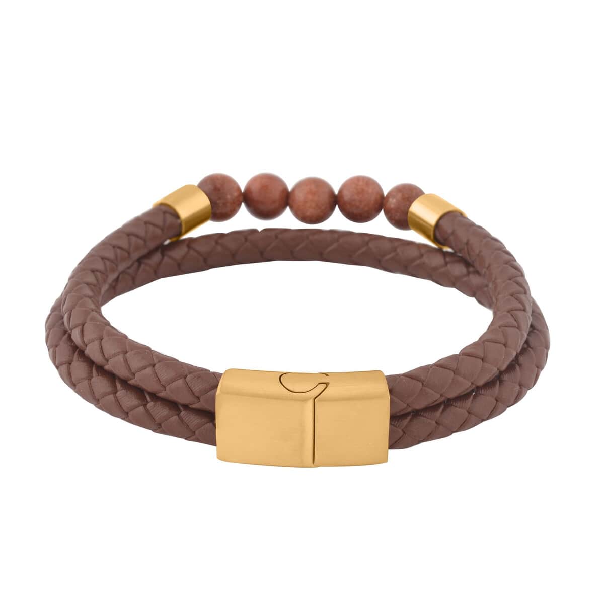 Gold Sandstone Faux Leather Cord 2 Row Men's Bracelet in ION Plated YG Stainless Steel (8.50 In) 3.00 ctw , Tarnish-Free, Waterproof, Sweat Proof Jewelry image number 3