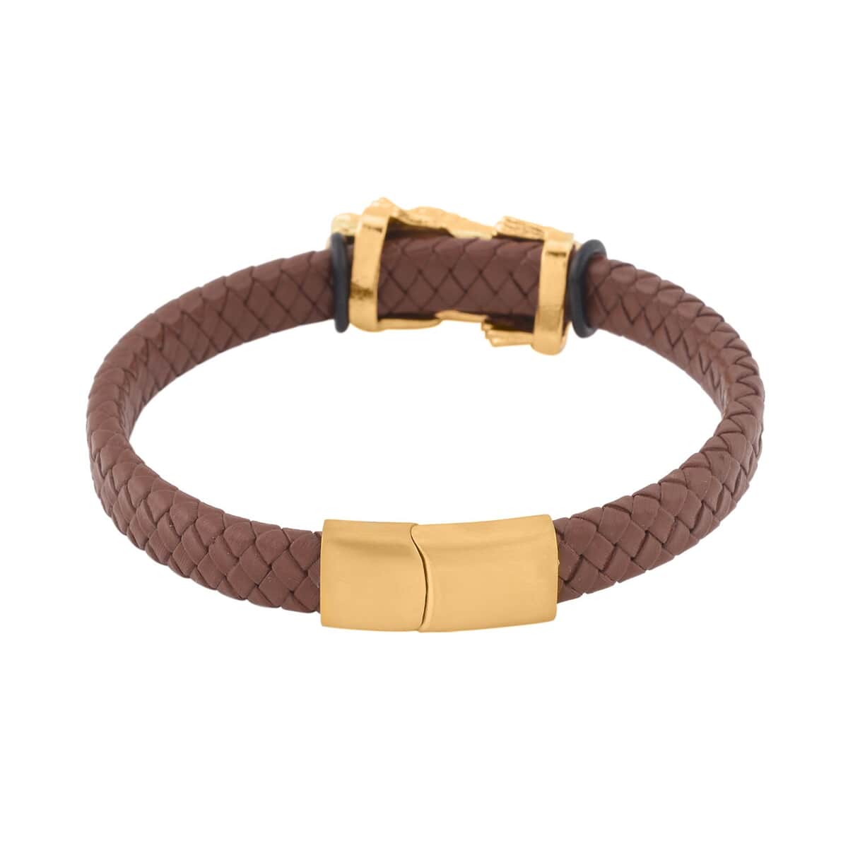 Brown Faux Leather Cord Pixiu Men's Bracelet in ION Plated YG Stainless Steel (8.50 In) , Tarnish-Free, Waterproof, Sweat Proof Jewelry image number 3