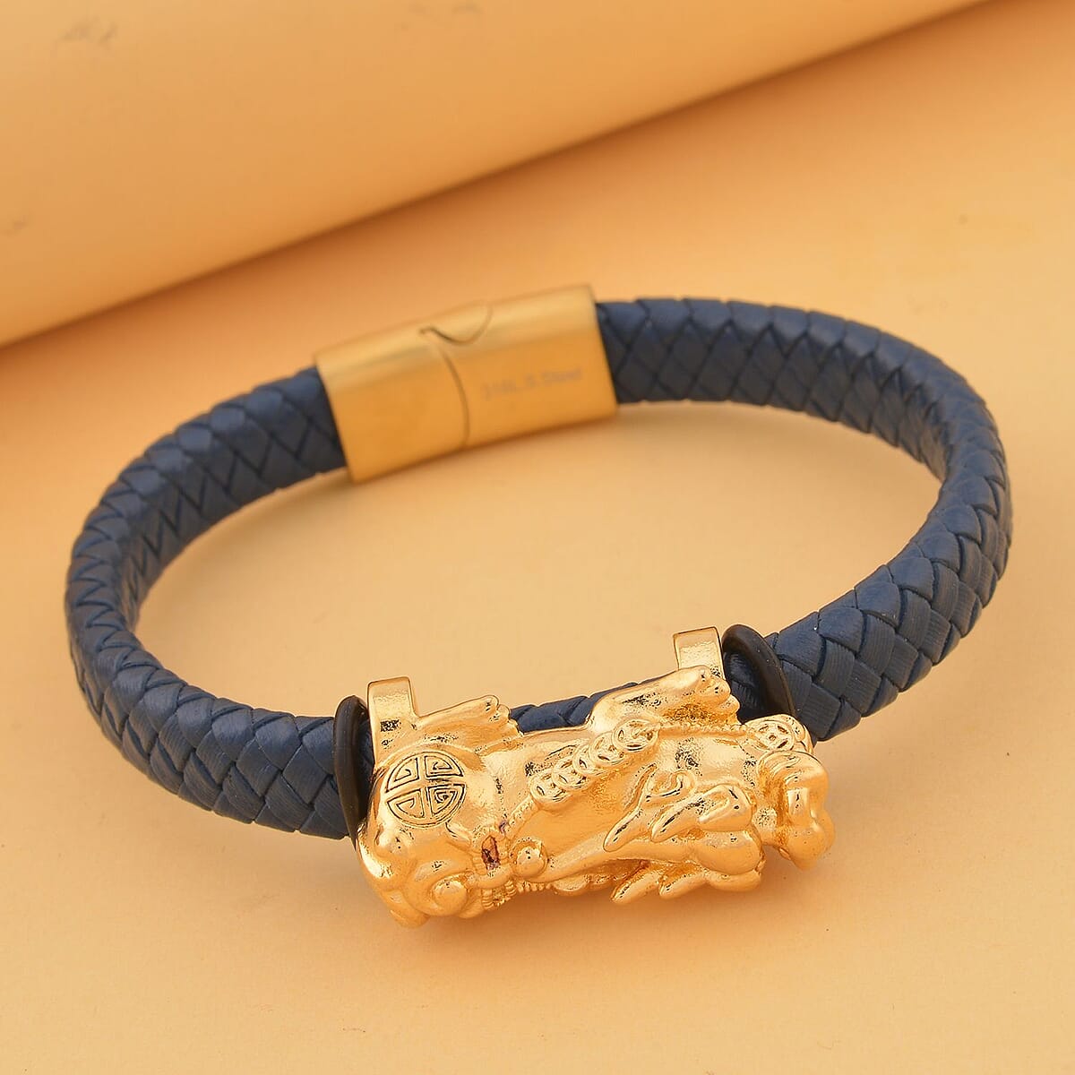 Blue Faux Leather Cord Pixiu Men's Bracelet in ION Plated YG Stainless Steel (8.50 In) | Tarnish-Free, Waterproof, Sweat Proof Jewelry image number 1