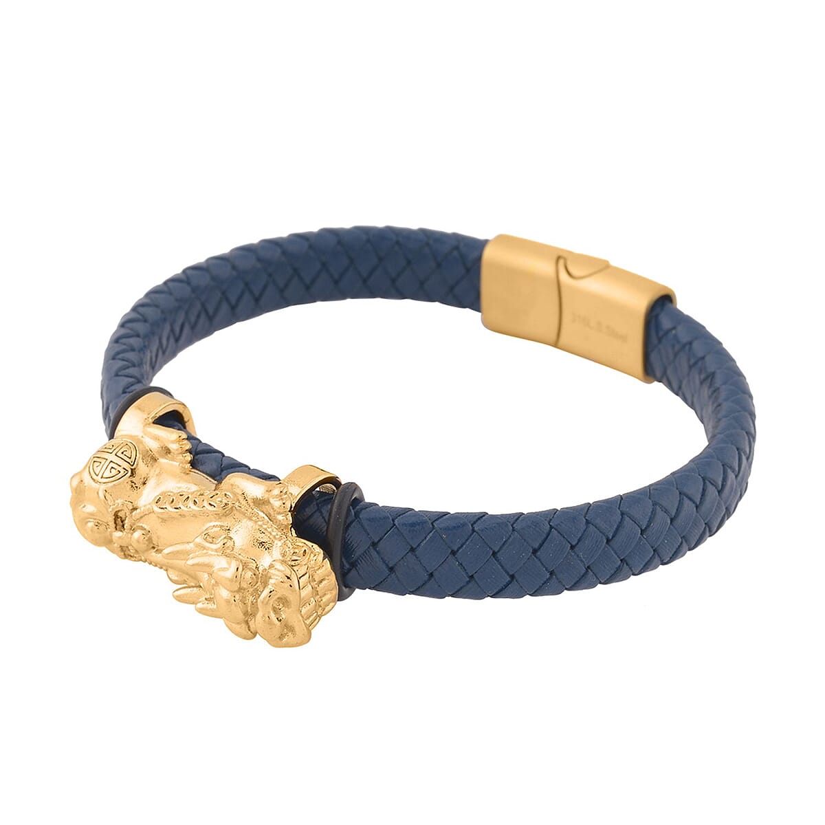 Blue Faux Leather Cord Pixiu Men's Bracelet in ION Plated YG Stainless Steel (8.50 In) | Tarnish-Free, Waterproof, Sweat Proof Jewelry image number 2