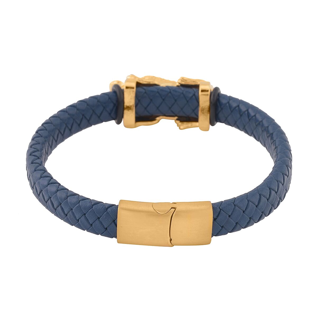 Blue Faux Leather Cord Pixiu Men's Bracelet in ION Plated YG Stainless Steel (8.50 In) | Tarnish-Free, Waterproof, Sweat Proof Jewelry image number 3