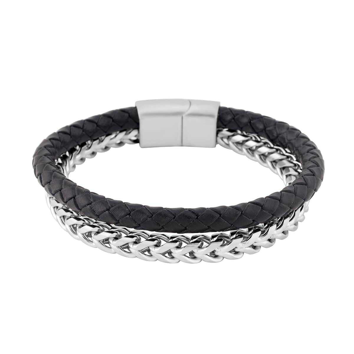 Black Faux Leather Cord Wristband Men's Bracelet in Stainless Steel (8.50 In) , Tarnish-Free, Waterproof, Sweat Proof Jewelry image number 0