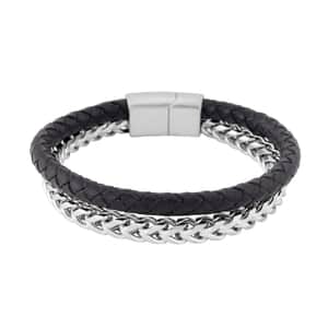 Black Faux Leather Cord Wristband Men's Bracelet in Stainless Steel (8.50 In) , Tarnish-Free, Waterproof, Sweat Proof Jewelry